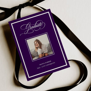 Purple Modern Frame Photo and Elegant Script Grad Announcement