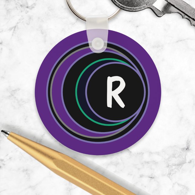 Purple Modern Geometric Abstract Monogram Initial Keychain (A keyring with modern black, purple, green and black circles design, with custom monogram initial)