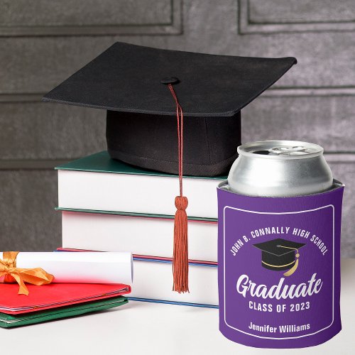 Purple Modern Graduate Cap Custom Graduation Party Can Cooler