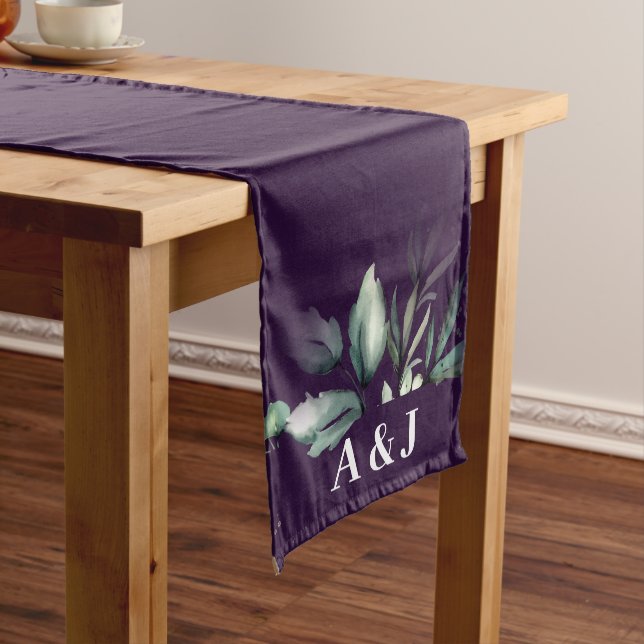 Purple Modern Greenery Monogram Wedding Medium Table Runner (In Situ)