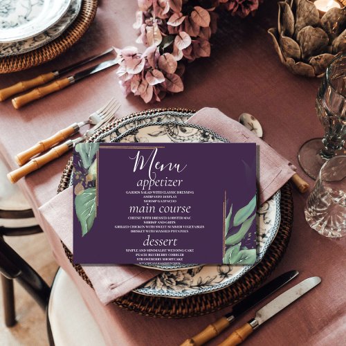 Purple Modern Greenery Wedding Table Menu Cards