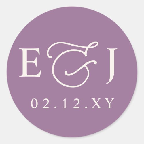 Purple Modern Initials Monogram Wedding Classic Round Sticker