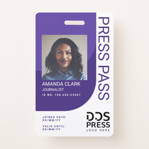 Purple Modern & Minimal Press Pass Photo ID Badge