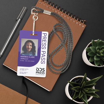Purple Modern & Minimal Press Pass Photo Id Badge by moodthology at Zazzle
