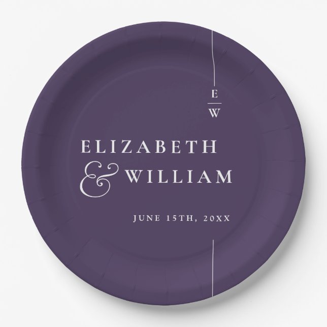 Purple Modern Minimalist Monogram Wedding Paper Plates (Front)