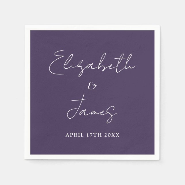 Purple Modern Minimalist Script Wedding Napkins (Front)