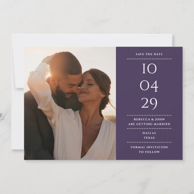 Purple Modern Minimalist Wedding Photo Save The Date (Front)
