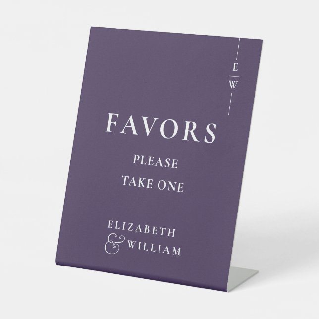 Purple Modern Monogram Favors Wedding Pedestal Sign (Front)