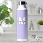 Purple Modern Name Monogram Water Bottle<br><div class="desc">Create Your Own Personalized Lilac Purple Name Monogram Water Bottle. This cute and stylish water bottle features a soft lilac purple background for a fresh and calming look. A bold white initial sits in the center, overlaid by a flowing black script name for a personalized touch on both sides. Ideal...</div>
