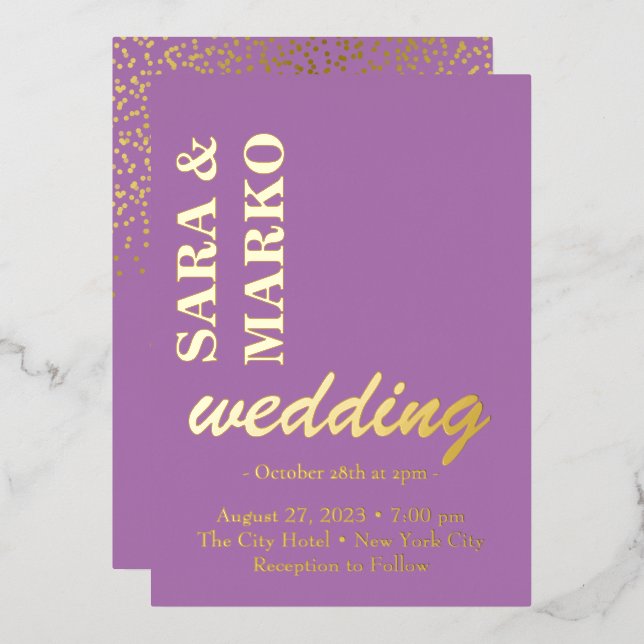 Purple Modern NAMES Simple Wedding Foil Invitation (Front/Back)