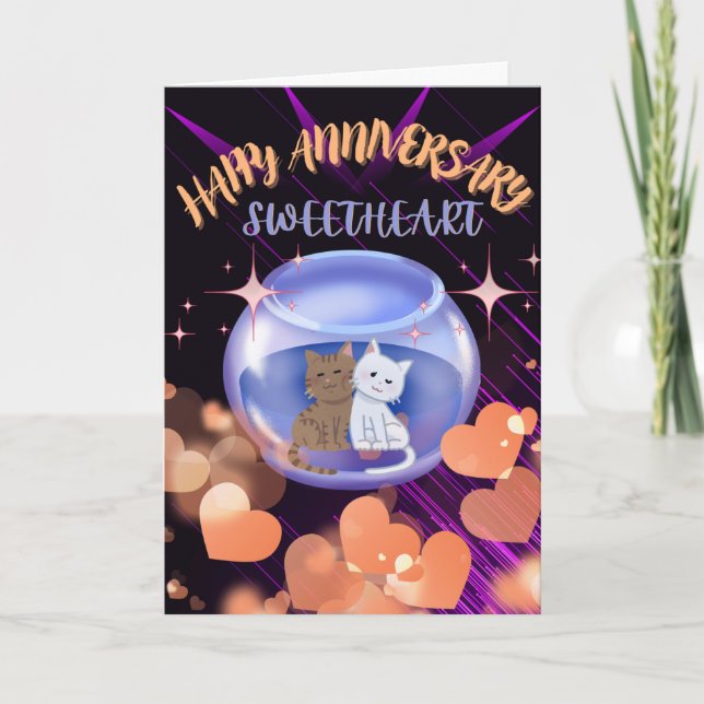 Purple Modern Neon Heart Cat Wedding Anniversary Thank You Card (Front)