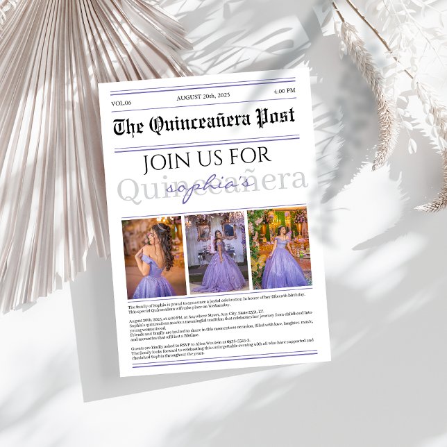 Purple modern Newspaper Quinceañera Invitation (Creator Uploaded)