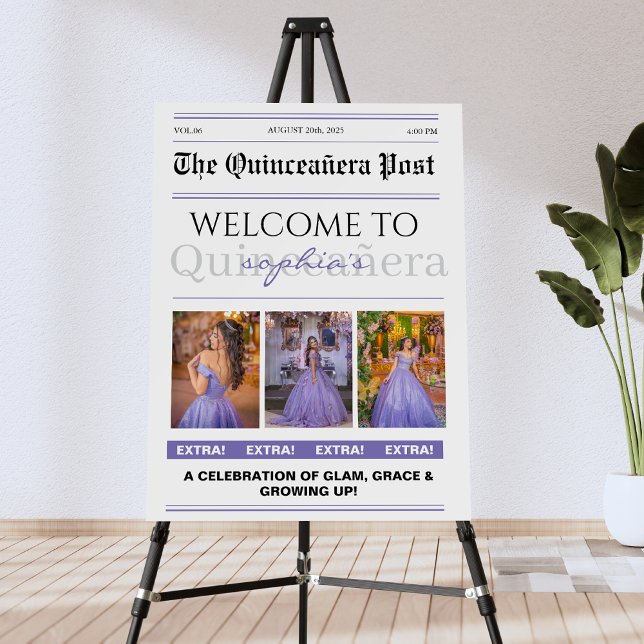 Purple modern Newspaper Quinceañera welcome Foam Board (Creator Uploaded)