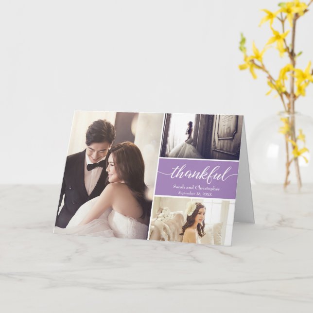 Purple modern Photo Collage Wedding Thank you Card (Yellow Flower)