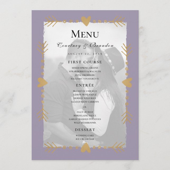 Purple Modern Photo Gold Hearts Wedding Menu (Front)