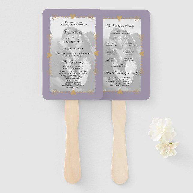 Purple Modern Photo Gold Hearts Wedding Program Hand Fan (Front and Back)
