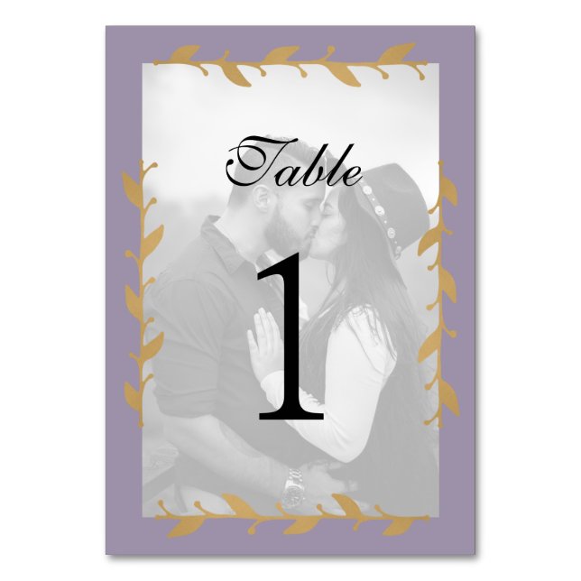 Purple Modern Photo Gold Leaves Table Number (Front)