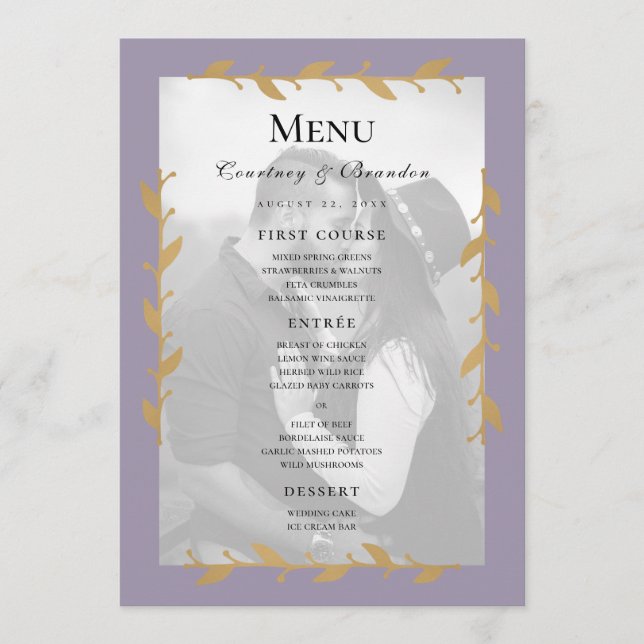 Purple Modern Photo Gold Leaves Wedding Menu (Front)