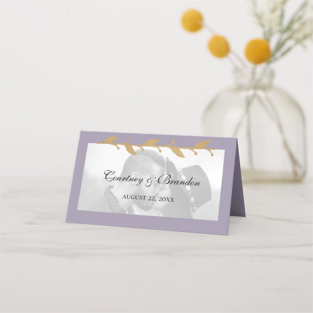 Purple Modern Photo Gold Leaves Wedding Place Card (Front)