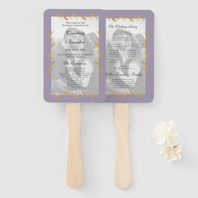 Purple Modern Photo Gold Leaves Wedding Program Hand Fan (Front and Back)