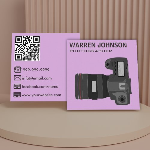 Purple Modern Photographer QR Code Square Business Card