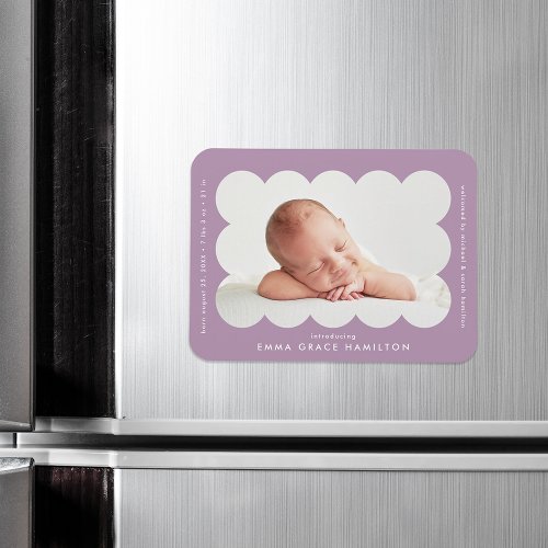 Purple Modern Scalloped Frame Birth Announcement Magnet