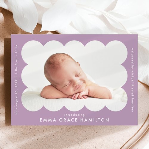 Purple Modern Scalloped Photo Frame Birth Announcement