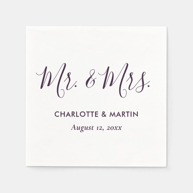 Purple Modern Script Mr. and Mrs. Wedding Napkins (Front)