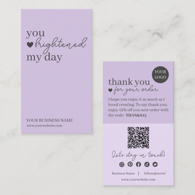 Purple Modern Script QR Code, Thank You Candle Business Card (Front/Back)