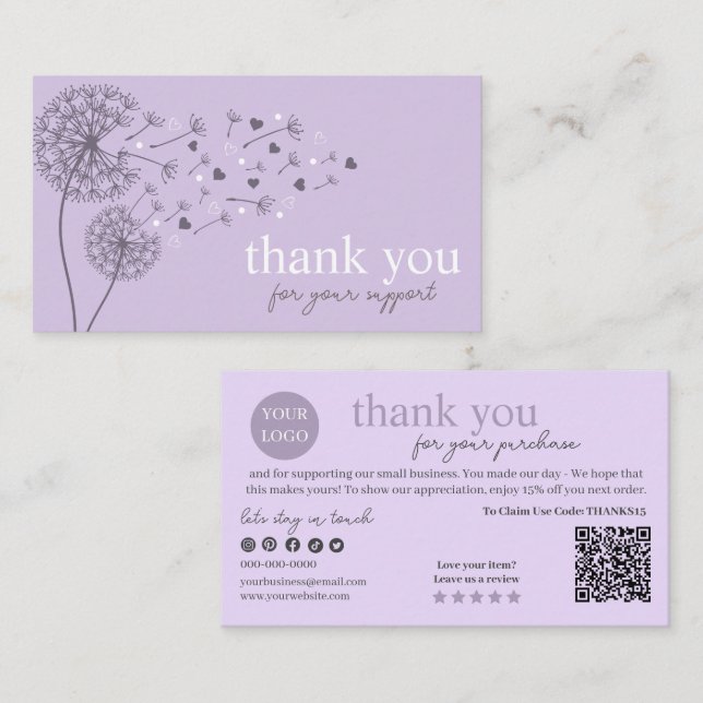 Purple Modern Script QR Code, Thank You Candle Business Card (Front/Back)