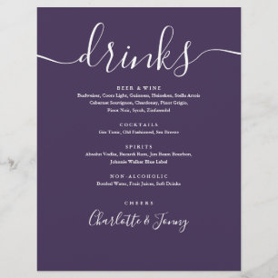 Purple Modern Script Wedding Drinks Menu Flyer