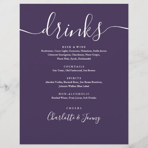Purple Modern Script Wedding Drinks Menu Flyer