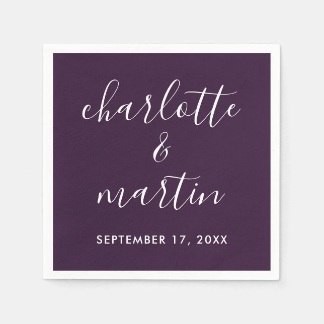 Purple Modern Script Wedding Napkins (Front)