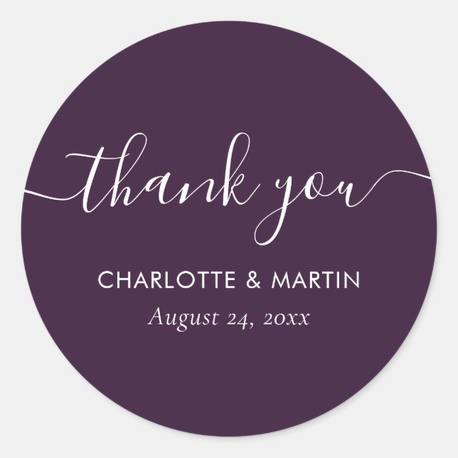 Purple Modern Script Wedding Shower Thank You Classic Round Sticker (Front)