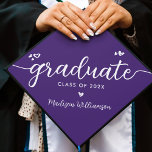 Purple Modern Simple Elegant Script Hearts Name Graduation Cap Topper<br><div class="desc">Your favorite grad will stand out and make a statement when they wear this graduation cap topper! Let them celebrate their milestone with this girly, stunning, simple, modern, custom graduation keepsake. A fun, playful visual of white script handwriting and cute, playful hearts, along with her name and class year, overlay...</div>