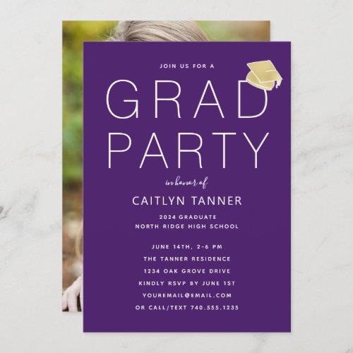 Purple Modern Simple Photo Graduation Party Invitation