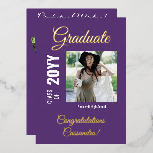 Purple Modern Square Photo Graduation Party Foil Invitation