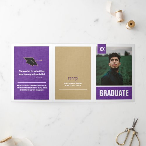 Purple Modern Textured Photo Graduation Tri_Fold Invitation