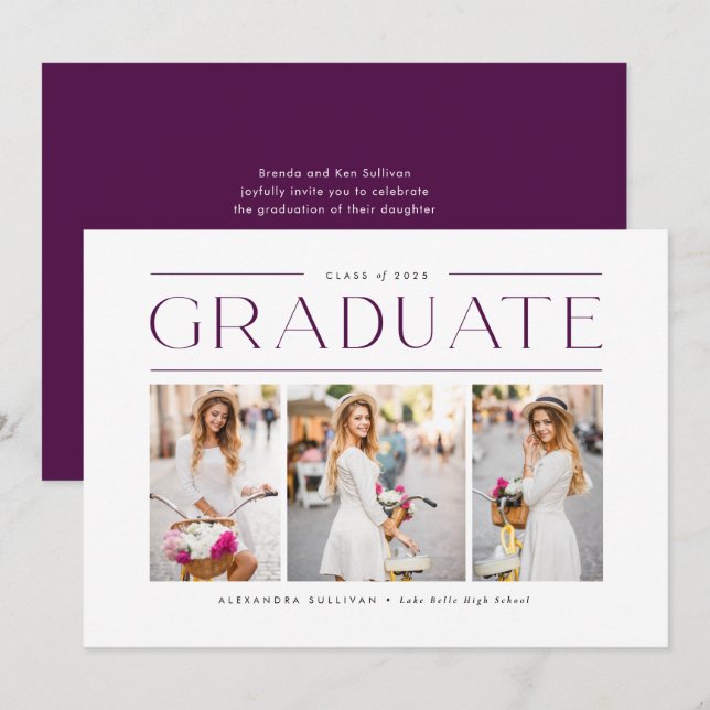 Purple Modern Typography Photo Collage Graduation Invitation (Front/Back)