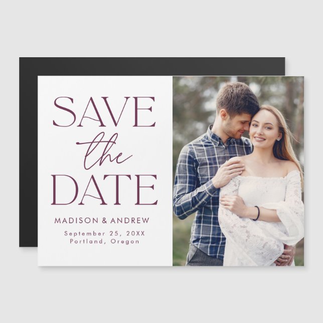 Purple | Modern Typography Photo Save the Date Magnetic Invitation (Front/Back)