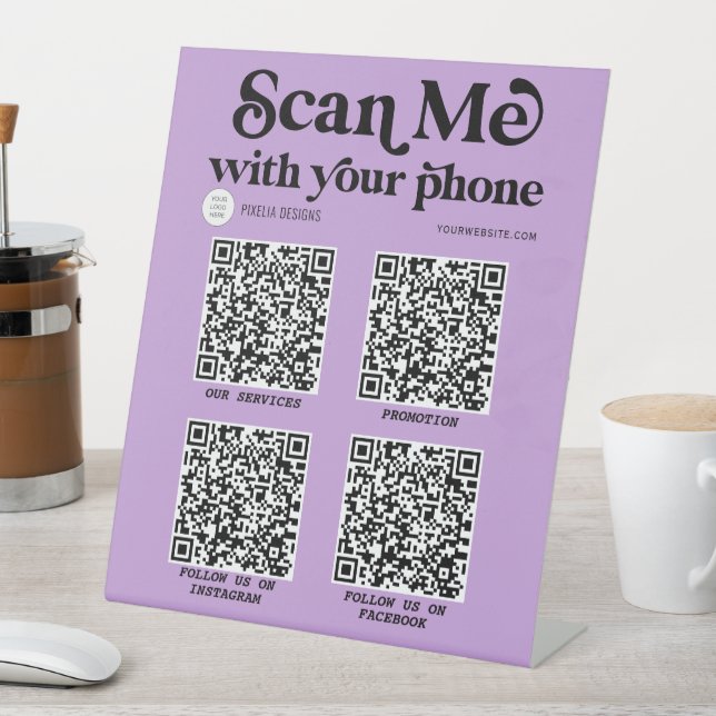 Purple modern typography QR code scannable Pedestal Sign (In SItu)