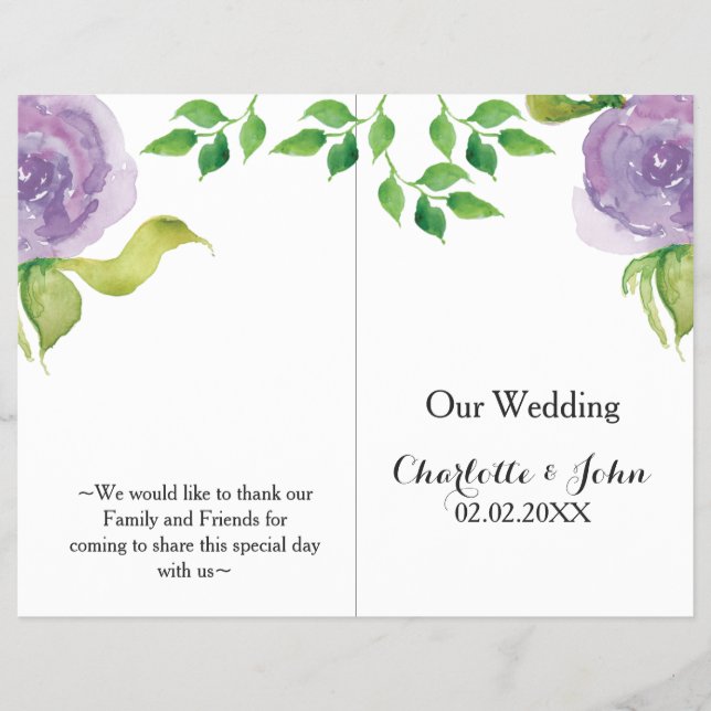 Purple Modern watercolor floral wedding program (Front)