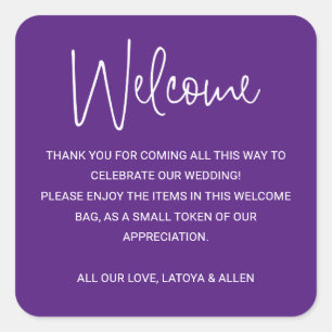 Purple Modern Wedding Welcome Gift Bag Basket Square Sticker