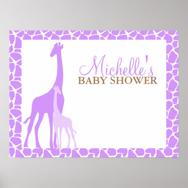 Purple Mom and Baby Giraffe Baby Shower Welcome Poster (Front)