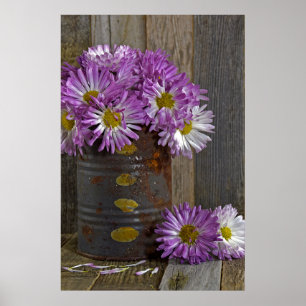 purple mom flowers in rusty tin can poster