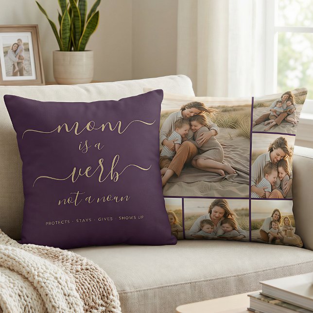 Purple Mom Is a Verb Family Photo Mum Keepsake Throw Pillow (Creator Uploaded)