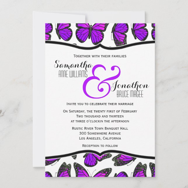 Purple Monarch Butterfly Wedding Invitation (Front)