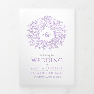 Purple monogram art photo wedding Tri-Fold program