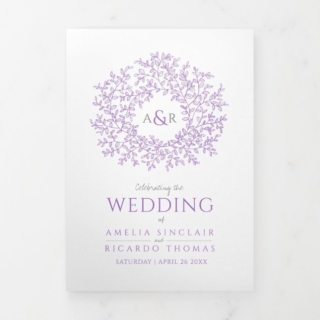 Purple monogram art story dedication wedding Tri-Fold program (Cover)
