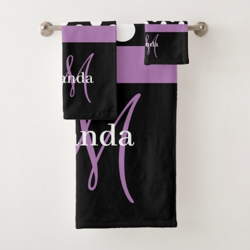 Purple Monogram Black White Polka Dot Bath Towel Set